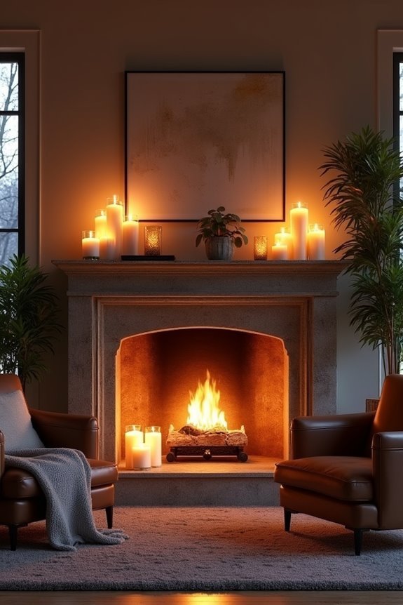 flickering candles by fireplace